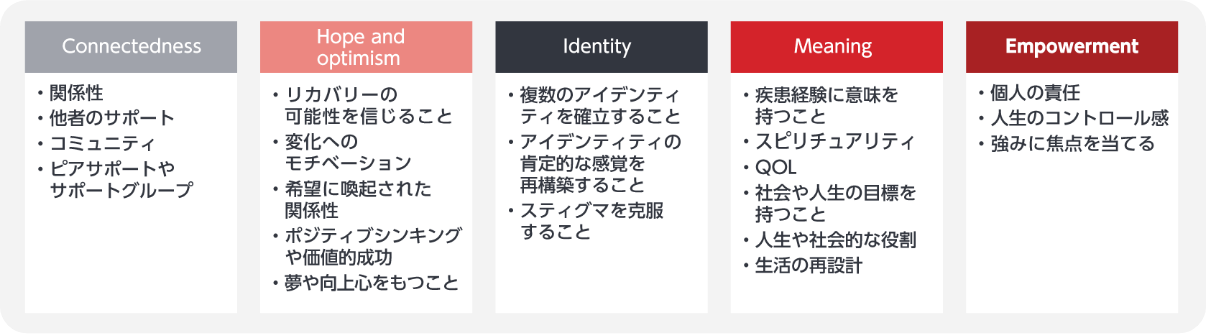 表1 パーソナル・リカバリーを考えるうえで重要な5つの要素 (CHIME)