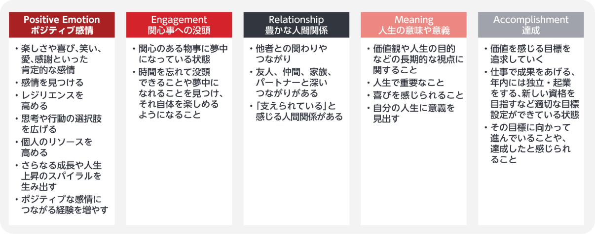 表2 ウェルビーイングに関する測定可能な5つの要素（PERMA）